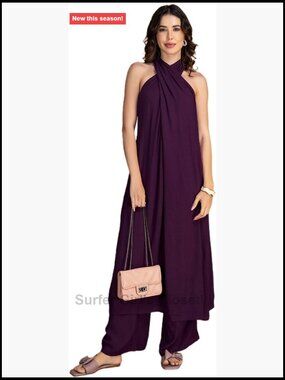 Indo-Western 2 Pc Set Rayon Halter Kurta Palazzo Pants Indian Wear
